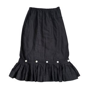Two Wishes Black Linen Skirt with Pearl Buttons & Ruffle Hem elastic waist Sz L